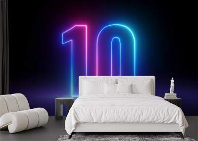 3d render, number ten glowing in the dark, pink blue neon light Wall mural