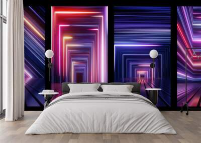 3d render, set of assorted abstract neon backgrounds with colorful glowing lines, vertical wallpaper collection Wall mural