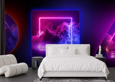 3d render, set of geometric shapes glowing with neon light and dramatic clouds, isolated on black background Wall mural