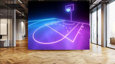 3d render, violet blue glowing neon light, part of the basketball virtual playground, sport field scheme, sportive game. Isolated on black background. Wall mural