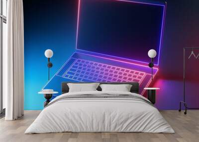 3d render laptop notebook electronic device isolated on ultra violet background, illuminated with neon light. Virtual reality. Futuristic technology concept. Digital illustration Wall mural