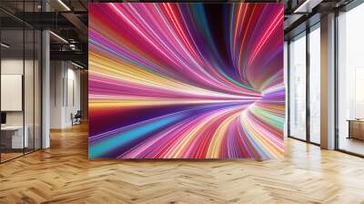 3d render of hyperspace tunnel turning to the right, abstract cosmic background. Bright neon rays and glowing lines. Network data, speed of light, space and time strings, highway night lights Wall mural