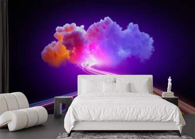 3d render. Abstract background of neon cloud and glowing lines. Fantastic ultraviolet wallpaper Wall mural