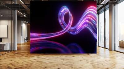 3d render. Abstract neon background. Fluorescent ines glowing in the dark room with floor reflection. Virtual dynamic curvy ribbon. Fantastic panoramic wallpaper. Digital data transfer. Energy concept Wall mural