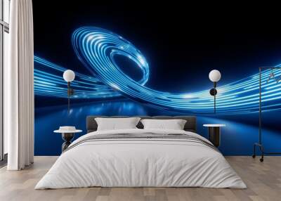 3d render. Abstract panoramic background of twisted dynamic blue neon lines glowing in the dark room with floor reflection. Virtual fluorescent ribbon loop. Fantastic minimalist wallpaper Wall mural