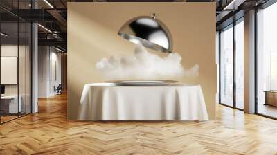 3d render. Abstract restaurant dish presentation. Metallic plate with the white cloud, is placed on the table with the white tablecloth, isolated on beige background Wall mural