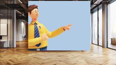 3d render. Cartoon character young man isolated on blue background. Funny guy wears yellow shirt and blue tie. Caucasian male shows Index finger gesture. Best offer presentation concept Wall mural