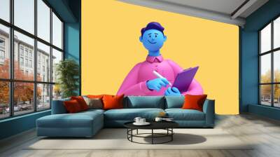 3d render. Cartoon character young man with blue skin wears pink shirt isolated on yellow background. Holds purple clipboard and pen. Signing agreement concept Wall mural