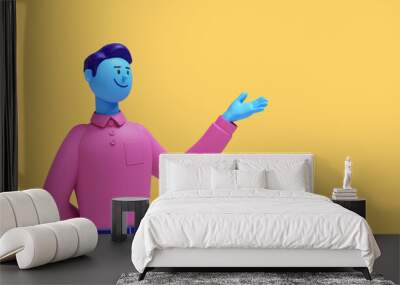 3d render. Cartoon character young man with blue skin wears pink shirt isolated on yellow background. Shows hand gesture. Presentation concept Wall mural