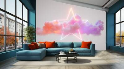 3d rendering, abstract fantastic pastel background of colorful cloud and neon linear star shape, minimalist geometric wallpaper Wall mural