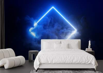 3d rendering, abstract futuristic background with neon geometric shape and stormy cloud on night sky. Rhombus frame with copy space Wall mural