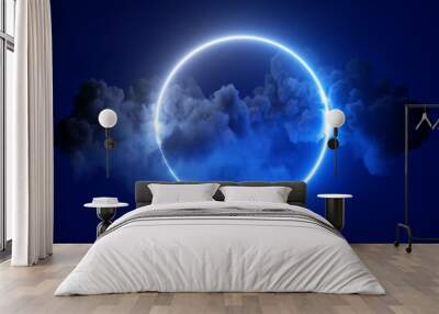 3d rendering, abstract futuristic geometric background with neon ring and stormy cloud over night sky. Round frame with copy space Wall mural