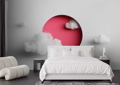 3d rendering, abstract geometric background. Soft realistic clouds fly inside the round red hole on the white wall. Minimalist modern wallpaper Wall mural