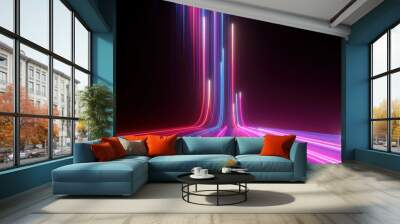 3d rendering, abstract neon background with ascending pink and blue glowing lines. Fantastic wallpaper with colorful laser rays Wall mural