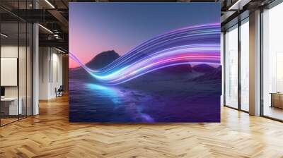 3d rendering. aesthetic minimalist wallpaper. surreal landscape: rocky mountains and neon dynamic li Wall mural