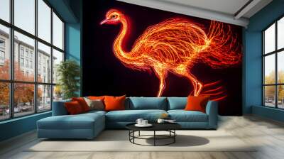 A lively ostrich in motion depicted in a neon silhouette, featuring a bold color palette of red and orange against a dark backdrop. Wall mural