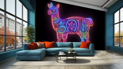 Neon alpaca outline with geometric patterns isolated on black background. Wall mural