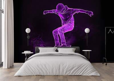 Bright purple neon skateboarder kickflip isotated on black background. Wall mural