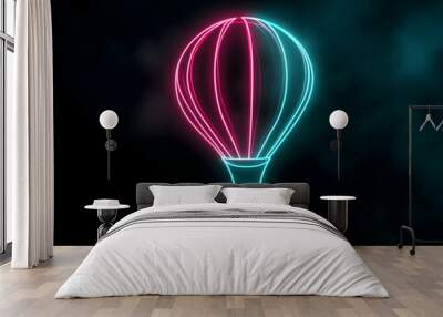 Futuristic neon illustration of a hot air balloon icon floating peacefully in the sky isolated on black background. Wall mural