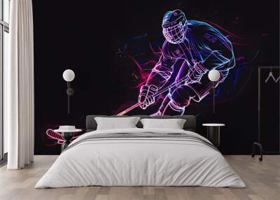 Neon ice hockey player in action isolated on black background. Wall mural