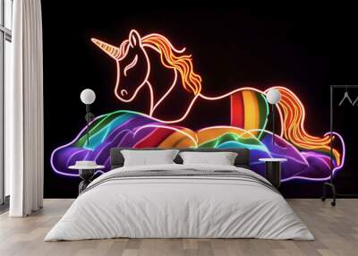 Neon outline of a cozy throw blanket with rainbow stripes and unicorn pattern isolated on black background. Wall mural