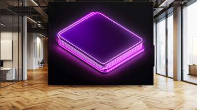 Neon purple book icon with glowing pages isolated on black background. Wall mural