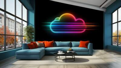 Neon rainbow colored cloud upload icon isotated on black background. Wall mural