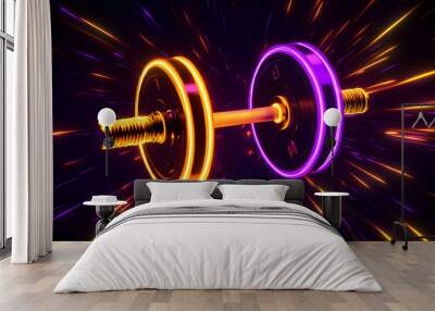 Neon silhouette of a dumbbell icon with purple and orange light trails isolated on black background Wall mural