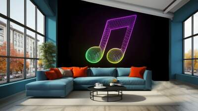 Neon wireframe abstract music player icon isolated on black background. Wall mural