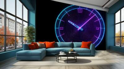 Neon wireframe clock icon isolated on black background Wall mural