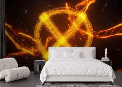 Neon wireframe negative symbol isolated on black background. Wall mural