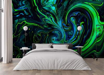 Psychedelic neon psychedelic art with swirling green and blue patterns. Abstract art on black background. Wall mural