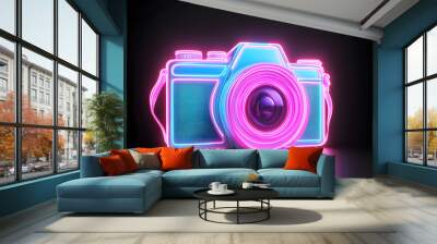 Retro neon blue camera icon isolated on black background. Wall mural