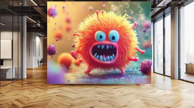 A cute angry virus, background with a microscopic view of human body cells and friendly little monster creatures. Wall mural