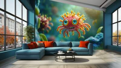 A cute cartoon character of an evil red and yellow virus floating in a blue and green liquid with a cellular background. Wall mural