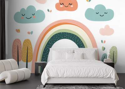 A cute happy rainbow with clouds and trees, in the clipart style, white background. Wall mural