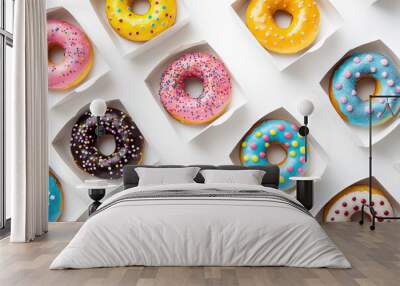 A photograph of colorful doughnuts in boxes on a white background, taken from above, with a close-up view. Wall mural