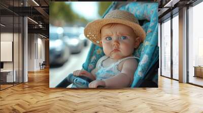 An angry baby sitting in a stroller, wearing a sunhat and a sleeveless top.  Wall mural