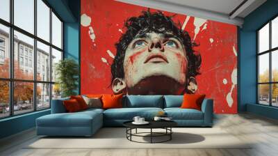 Vintage illustration portrait of a young white man with blue eyes, looking up at the sky against a red background with splattered paint. Wall mural