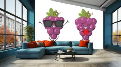 set bunch red grapes greeting jumping loves sings running cute funny character cartoon smiling face  Wall mural