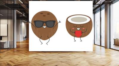 Set coconut character cartoon greeting jumping loves sings running cute funny smiling face happy joy emotions icon vector illustration. Wall mural