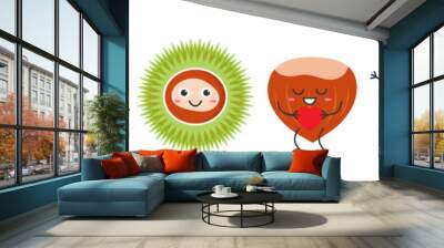 Set edible chestnut character cartoon emotions joy happiness smiling face jumping running nut icon beautiful vector illustration. Wall mural