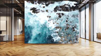 Aerial photo of strong and powerful ocean with huge waves. Rocks. Wall mural