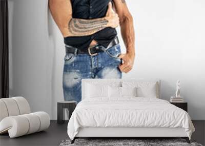 Fashionable sexy senior man with white beard and fit muscular body posing in studio, Wall mural