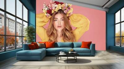 Spring lady with beautiful flowers. Wall mural