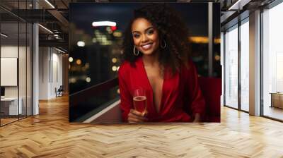 Beautiful african american woman in red dress with glass of champagne Wall mural