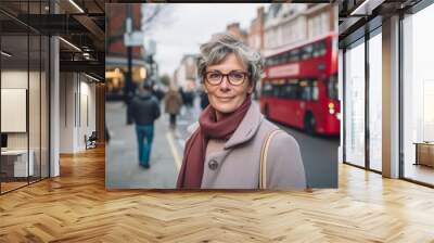 Beautiful middle-aged woman with short gray hair and glasses in the city. Wall mural