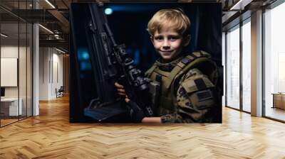 Portrait of a boy with a machine gun in a dark room Wall mural