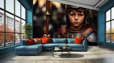 Portrait of a child warrior in armor with a sword in his hands Wall mural