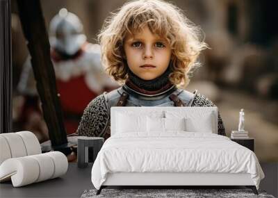 Portrait of a cute little boy in knightly armor on the battlefield Wall mural